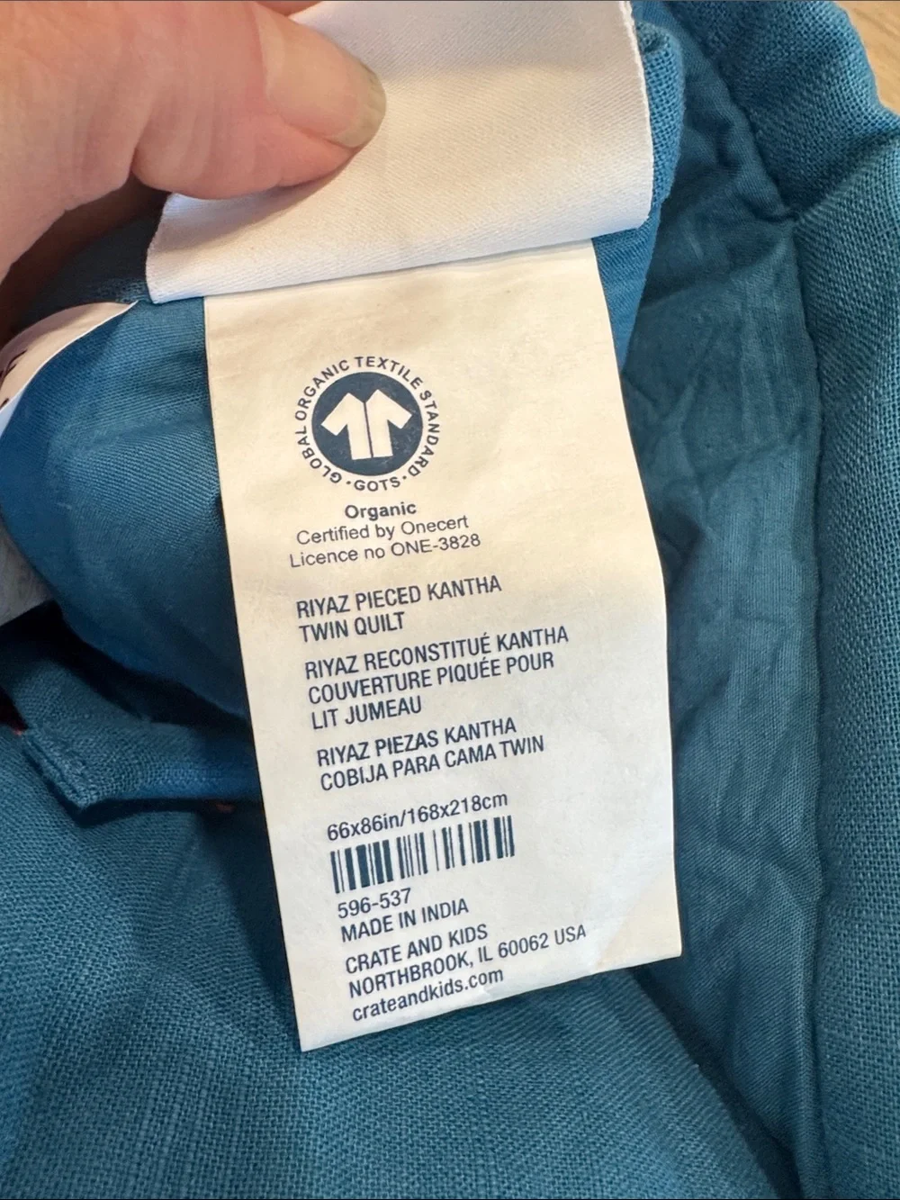 Crate and Barrel Kids blue with Orange Stitching twin quilt & John robshaw